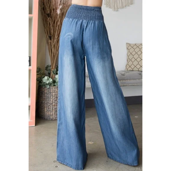 SOLD OUT Denim Blue Washed Wide Palazzo Leg Tencel Casual Smocked High Waist - Picture 5 of 5